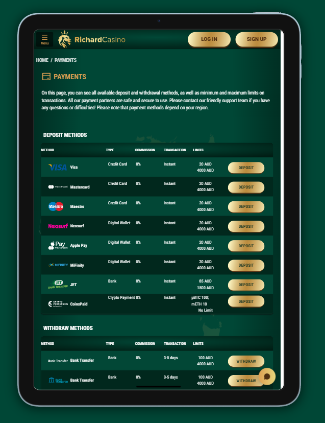 Richard Casino App Deposit Methods
